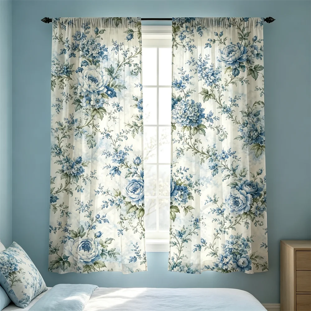 2PCS Blue hydrangea rose watercolor Print Curtains, Bedroom Living Room Window Drapes, Rod Pocket Polyester, Home Decor