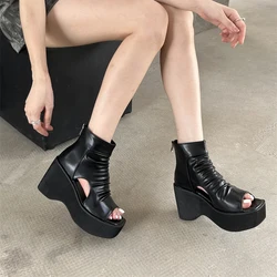 Black Chunky Heeled Sandals Women Platform High Heels Summer Ankle Boots Roman Back Zipper Gladiator Shoes Zapatos De Mujer