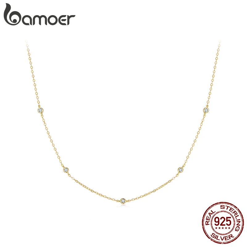 

BAMOER 925 Sterling Silver Moissanite Layering Necklace, Gold Plated Adjustable Link Chain Necklace for Women Station Necklace