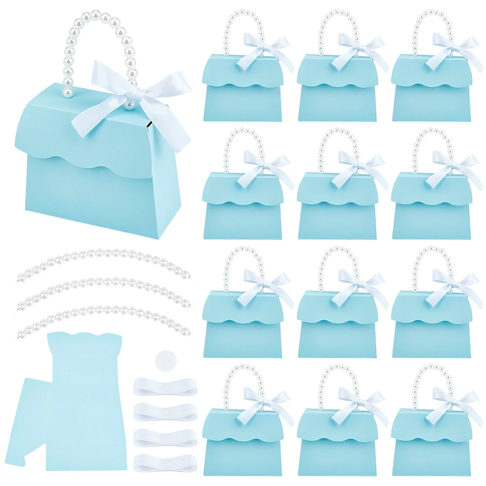 16 Sets Light Cyan Wedding Favors Box DIY Set 5.44.22.4 inch Decorative Gift Boxes with Pearl Handle Ribbons Party Favor