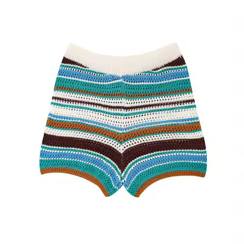 Women Patchwork Striped Hollow Out Crochet Knitted Crop Sweater Shorts Set Short Sleeve Polo Collar Sweater Knit Shorts Suit Y2K - Image 7