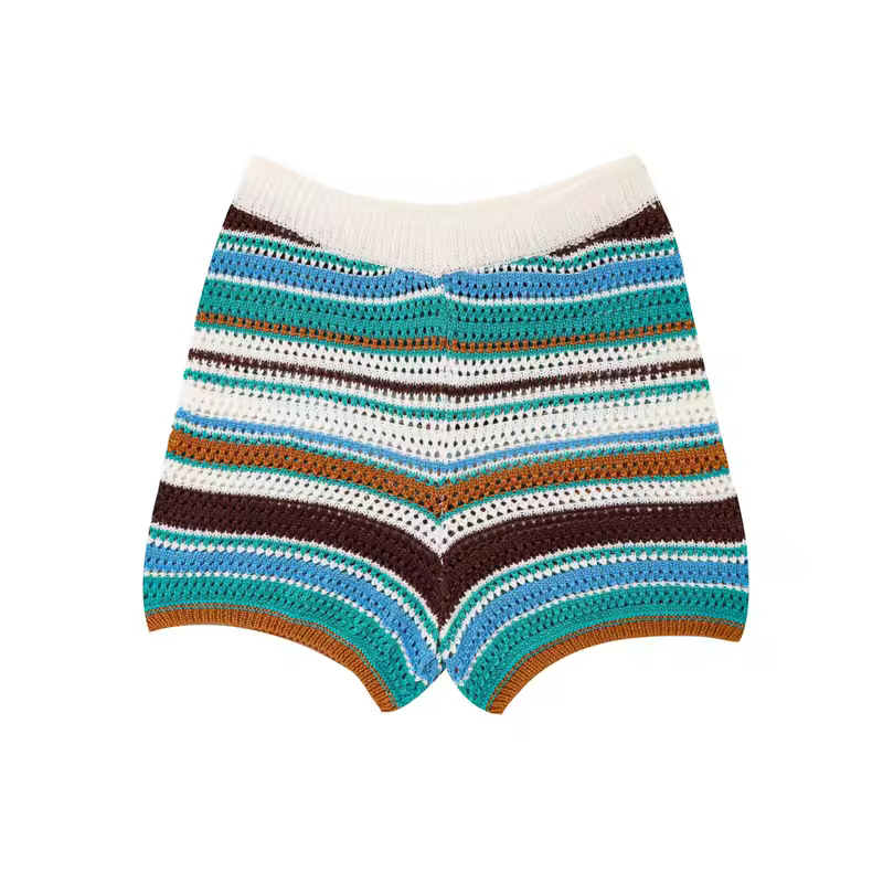 Women Patchwork Striped Hollow Out Crochet Knitted Crop Sweater Shorts Set Short Sleeve Polo Collar Sweater Knit Shorts Suit Y2K - Image 7