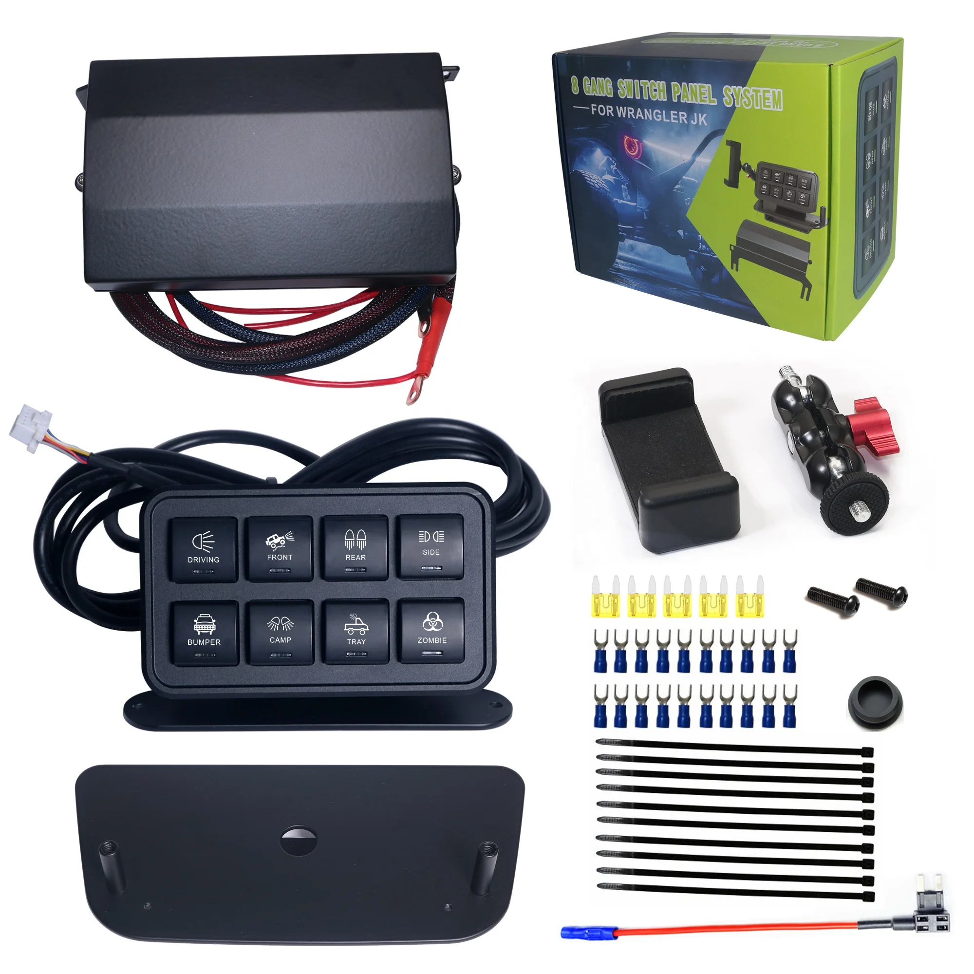 Black 8 Gang Switch Panel Power Control System for Jeep Wrangler JK JKU 2007-2018