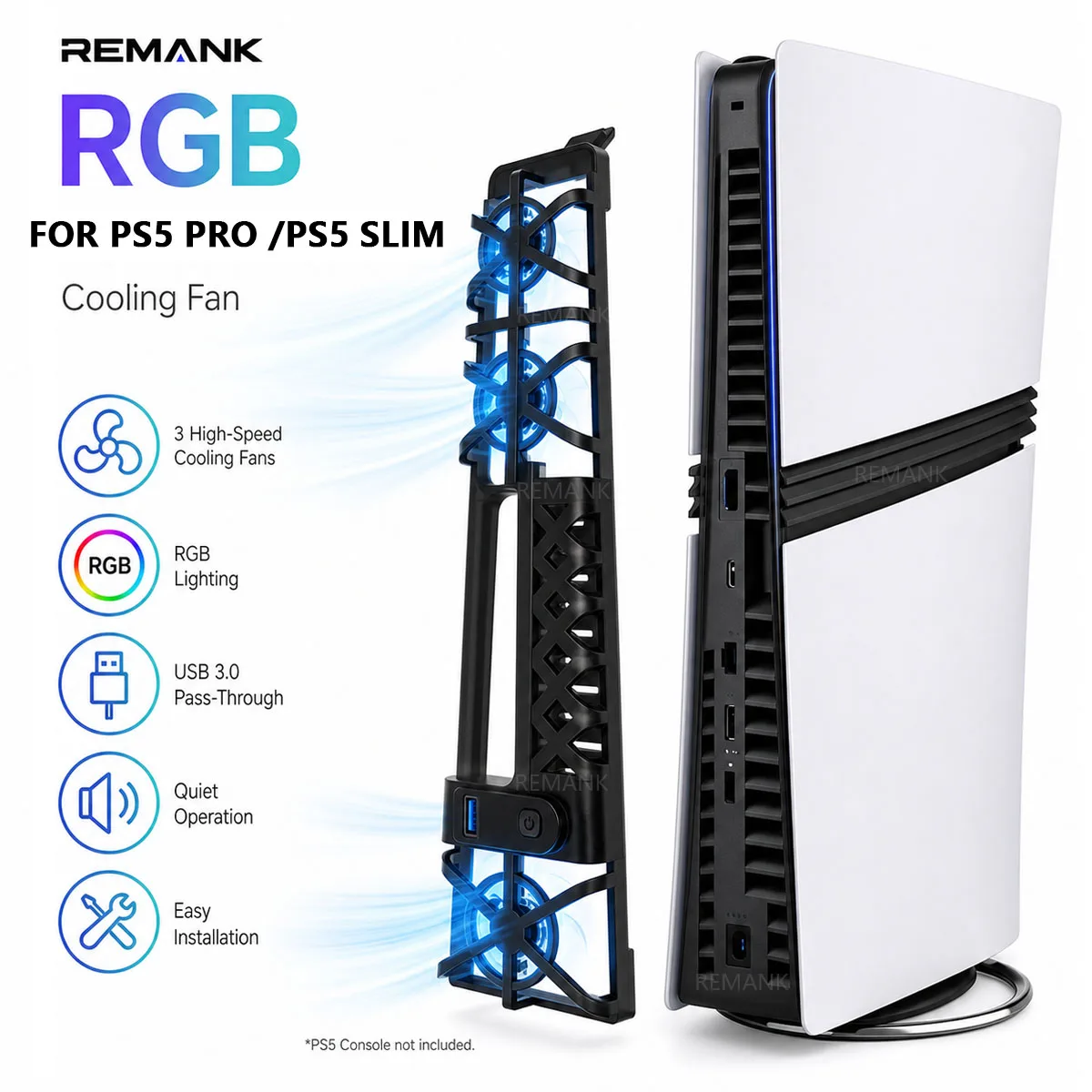 REMANK Cooling Fan for PS5 Pro/PS5 Slim Intelligent Temperature Control P5 Pro Cooling Fan Disc Digital Console Cooling System