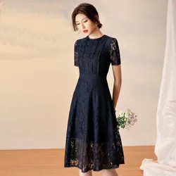 Temperament Lady Dress 2023 Summer One Piece Slim Waist O Neck Hollowed Out Lace Short Sleeve Black Dress Elegant Women Clothes