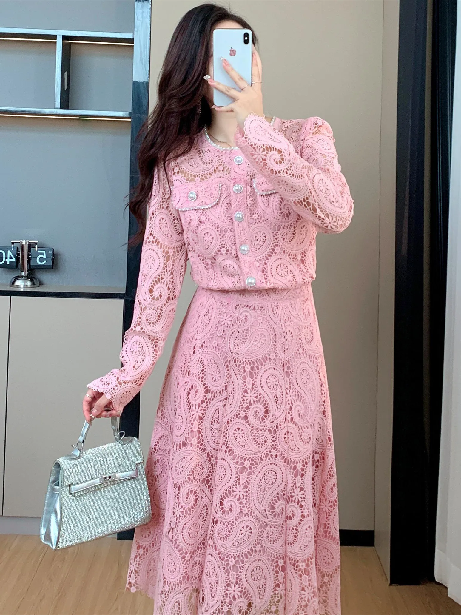 

Spring Summer Lace 2 Piece Set Women's Suits Elegant Ladies Pearl Buttons Blouse Shirt and Long Skirt Suits Female