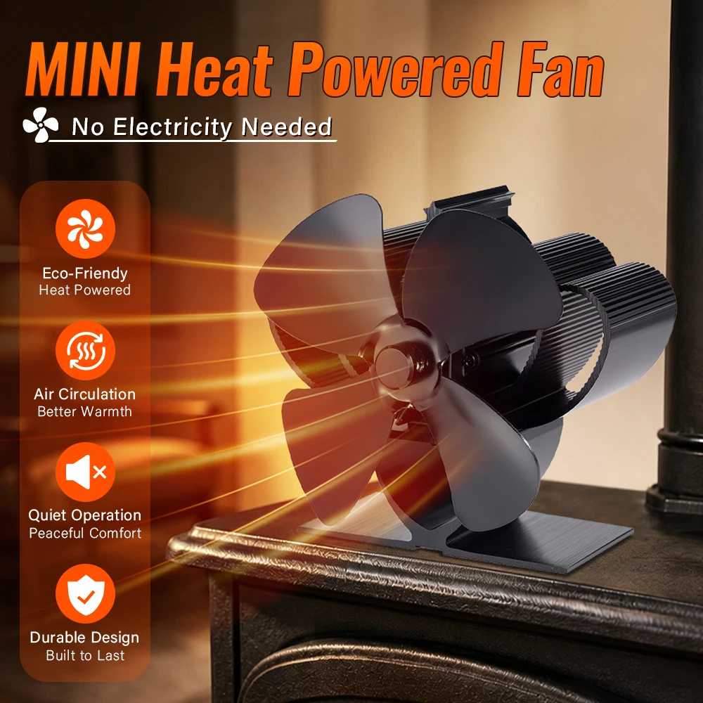 4 Blade Mini Fireplace Fan Heat Powered Stove Fan Log Wood Burner Eco Quiet Heater Winter Home Warm Efficient Heat Distribution