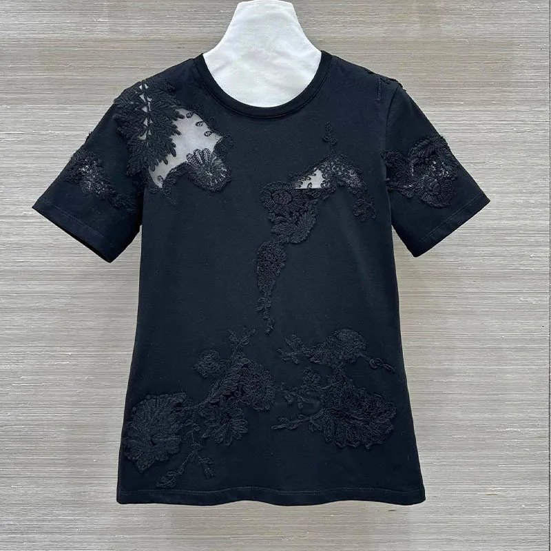 2 Color Women's Cotton Lace Embroidery T-Shirts Classic Short Sleeve Round Neck Hollow Flowers Top Designer High Quality Clothes