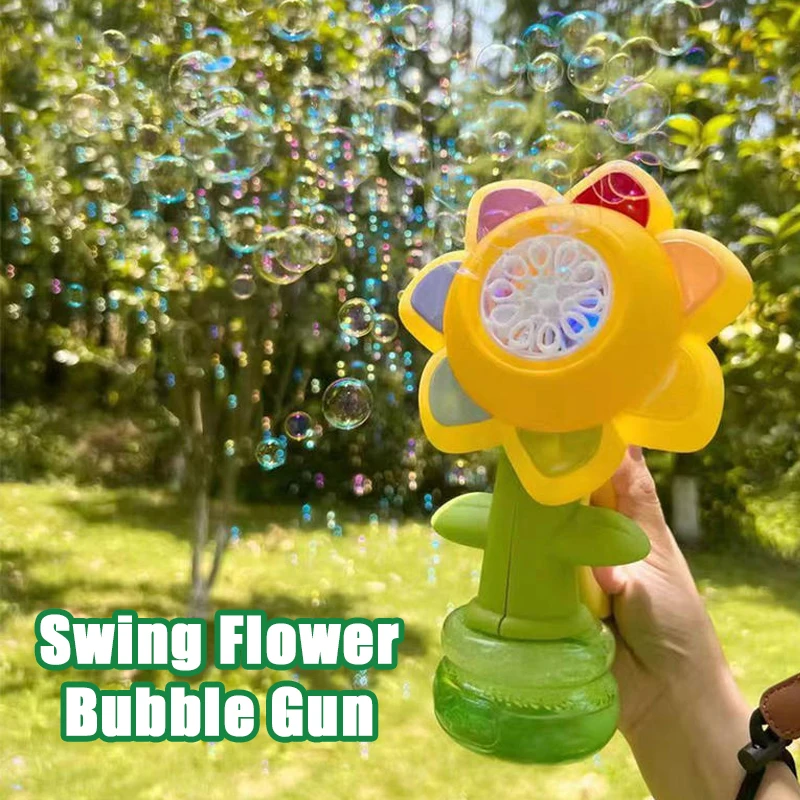 Pistola a bolle completamente automatica giocattolo per bambini soffiatori di sapone elettrici Swing Flower Machine con giochi di festa all'aperto leggeri regalo per bambini