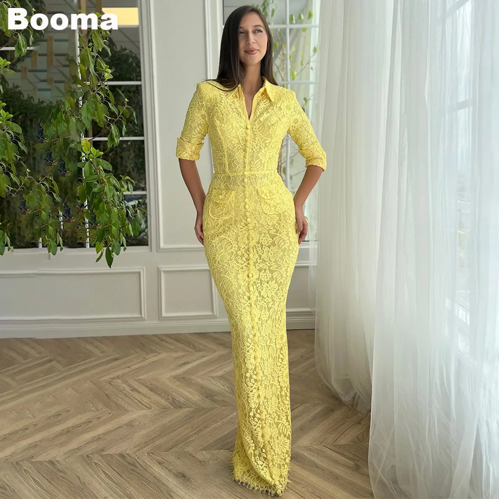 

Booma Yellow Lace Mermaid Prom Dresses Sweetheart Half Sleeves Button Evening Dress for Women Formal Party Gowns with Pocket