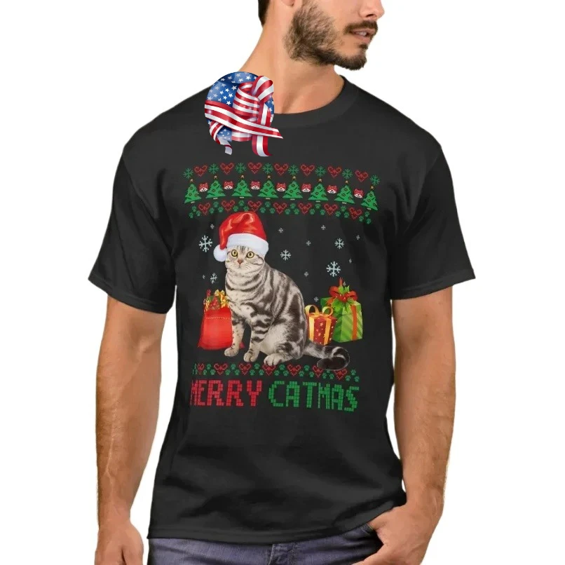 Amantes de los gatos Merry Catmas American Shorthair Ugly Christmas camiseta 100% algodón cuello redondo manga corta Casual camiseta para hombre talla S-3XL