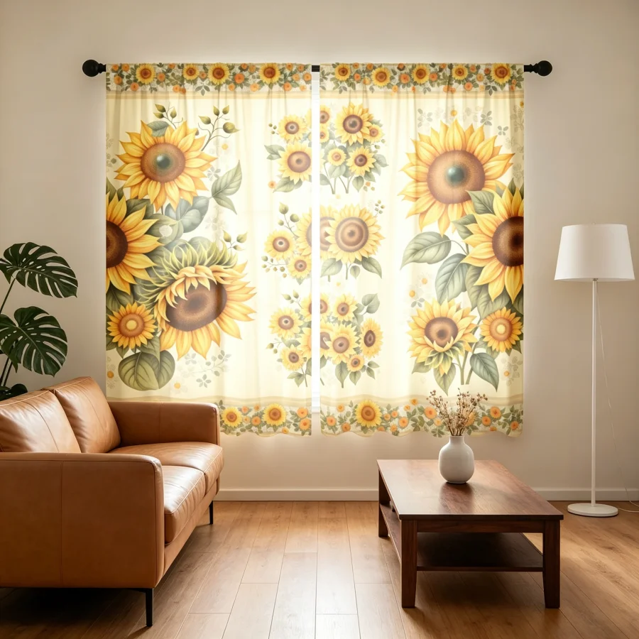 2PCS Digital Print  Curtain, Sunflower Lace Border, Rustic Farmhouse Window Treatment Drape for Bedroom Kitchen Decor