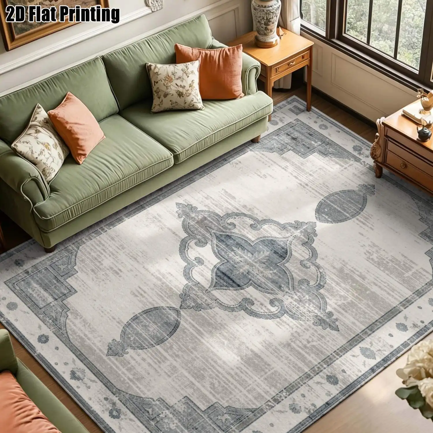 1Pc 2D Printed Carpet: Blue-Grey Retro Geometric Patterns, Vintage European Style, Home Decor, Multiple Sizes, Machine Washable, Suitable for Entrance, Living Room, Bedroom, Dining Room & Foyer
