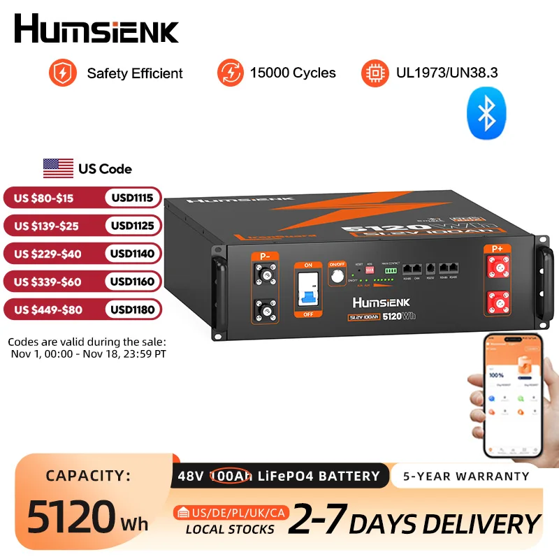 Humsienk 48V 100AH Server Rack LiFePO4 Battery 3U Size With Bluetooth 100A BMS 15000 Cycles For Inverter, RV, Vans, Solar Energy