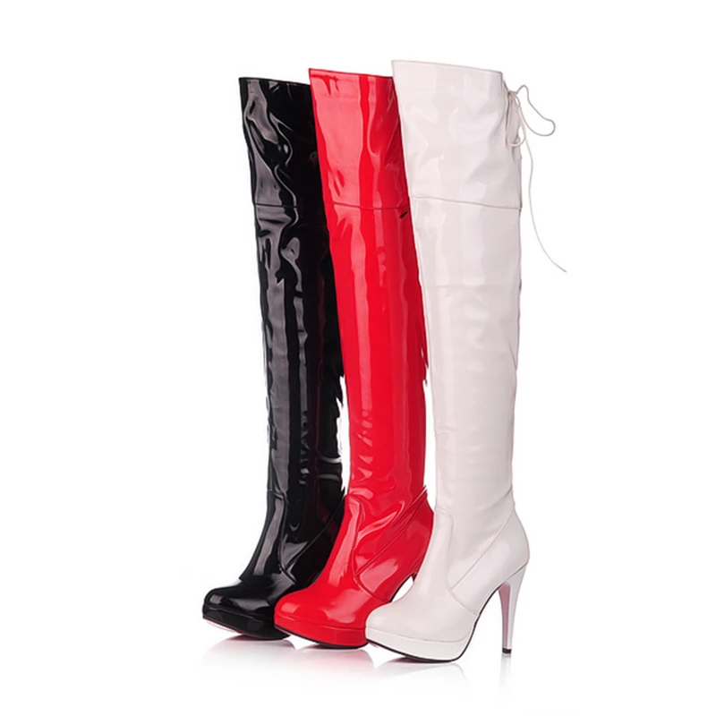 

SIMLOVEYO 2025 Sexy Over The Knee Boots Patent Leather Velvet Round Toe Lace Up Platform 11cm Thin Heel US12 White Red A4348