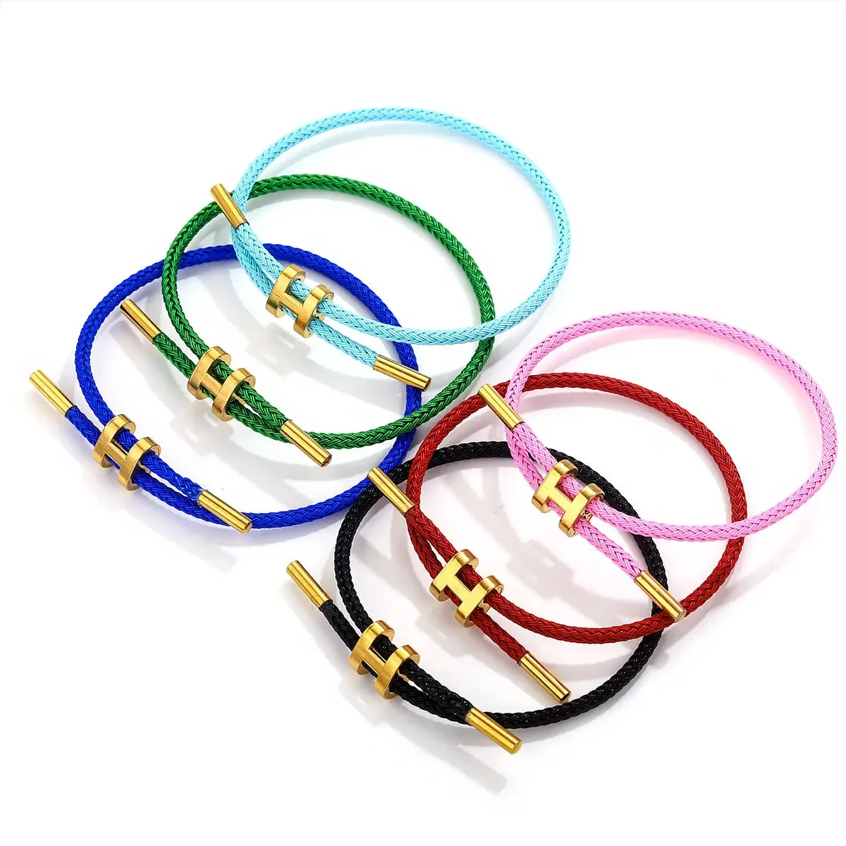 Adjustable 3D Woven Stainless Steel 18K Gold Plated Worker's Tag Bracelet With Red Rope Titanium Hard Gold Wrist Jewelry