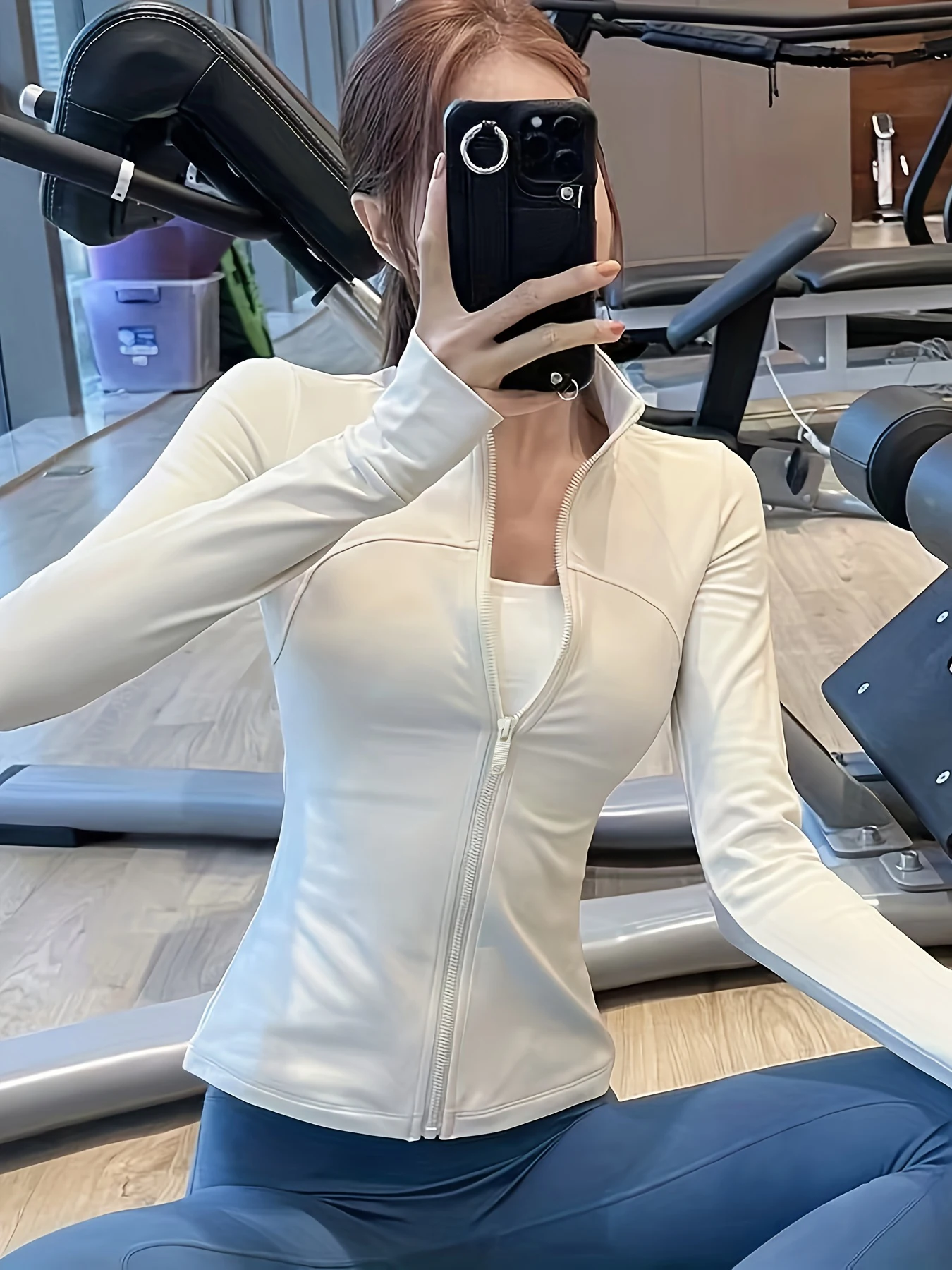 Women's Solid Color Small Stand Collar Long-Sleeve Jacket, Autumn and Winter Casual Sports Zip-Up Cardigan, Slim-Fit Yoga Fitness Long-Sleeve Jacket, Fashionable Waist-Cinching Jacket