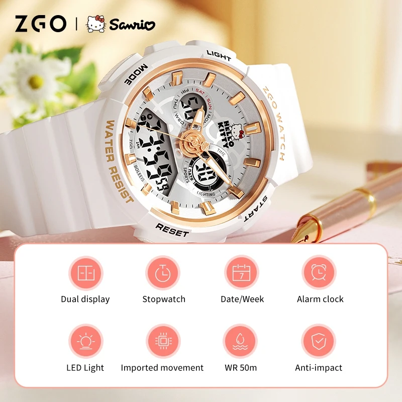 ZGO x Sanrio Hello Kitty Kids Watch for Girls, Students, Waterproof, Luminous, Sports, Digital Watch 862