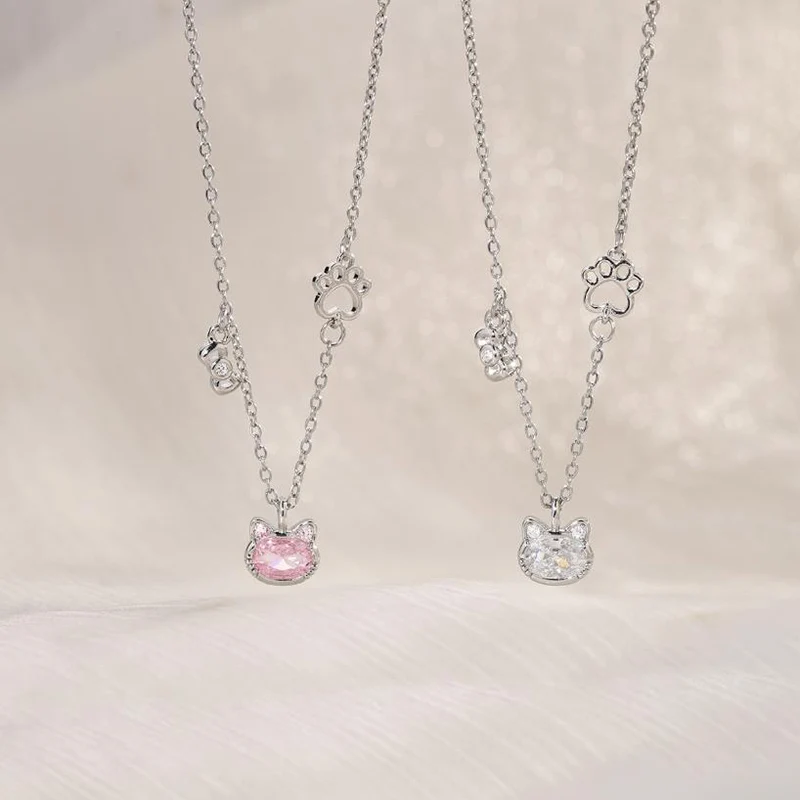Cute Pink Zircon Cat Necklace Sweet Girl's Friend Gift Cat Paw Necklaces Sparkling Collarbone Chain For Women KOFSAC