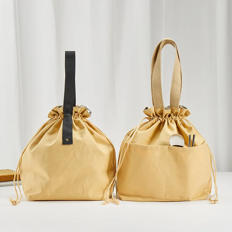 Drawstring Thermal Lunch Box Bag Simple Canvas Portable Handbag Office Daily Outdoor Picnic Food Carry Bag
