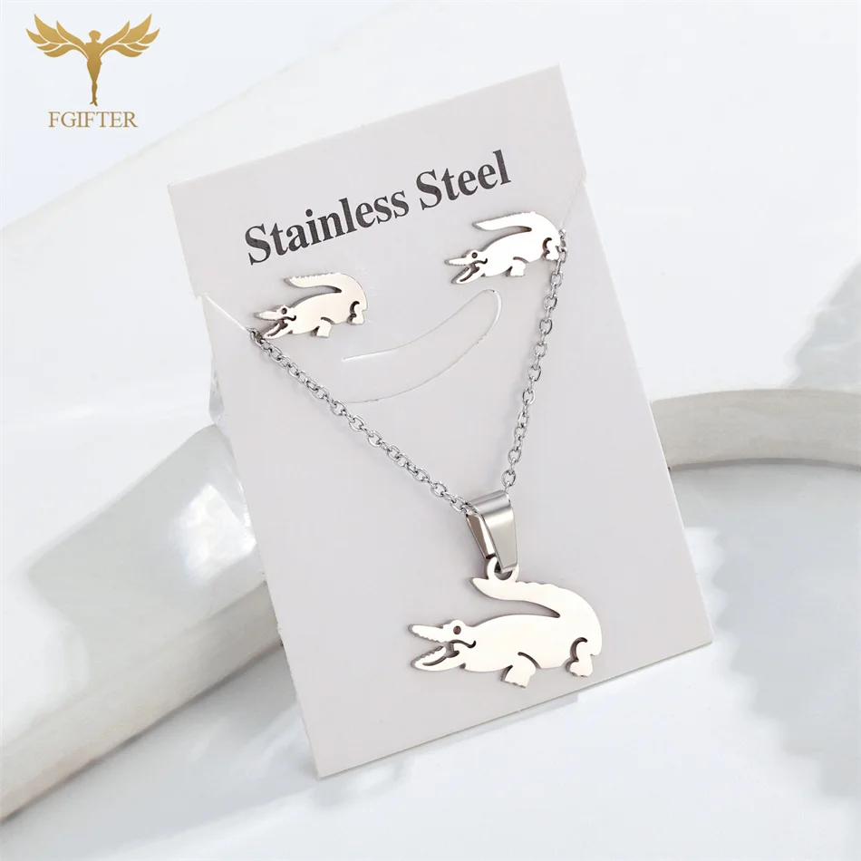 Fgift Gold Plated Sainless Steel Jewelry Sets For Women Crocodile Pendant Chain Necklace Stud Earrings Animal Design Party Gifts