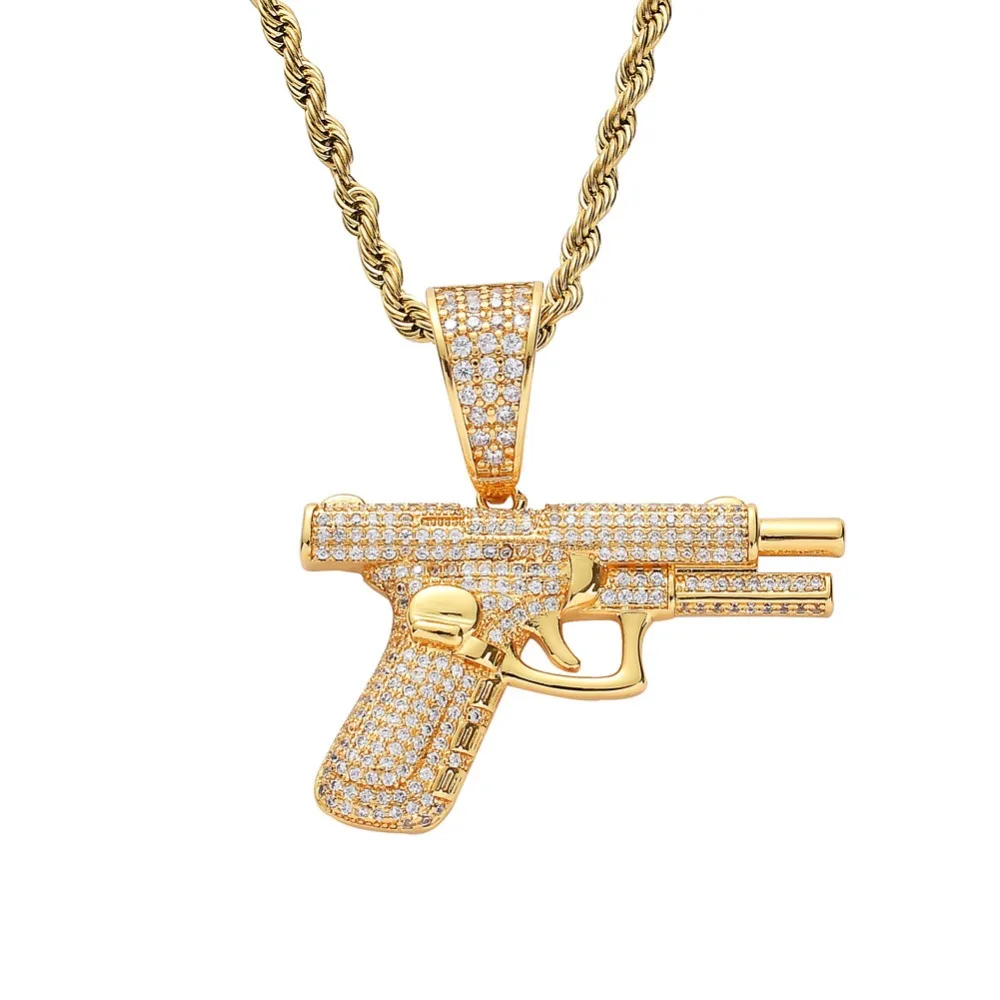 Micro Paved AAA Cubic Zirconia Bling Iced Out Automatic Pistol Gun Pendants Necklace for Men Hip Hop Rapper Jewelry Gold Color