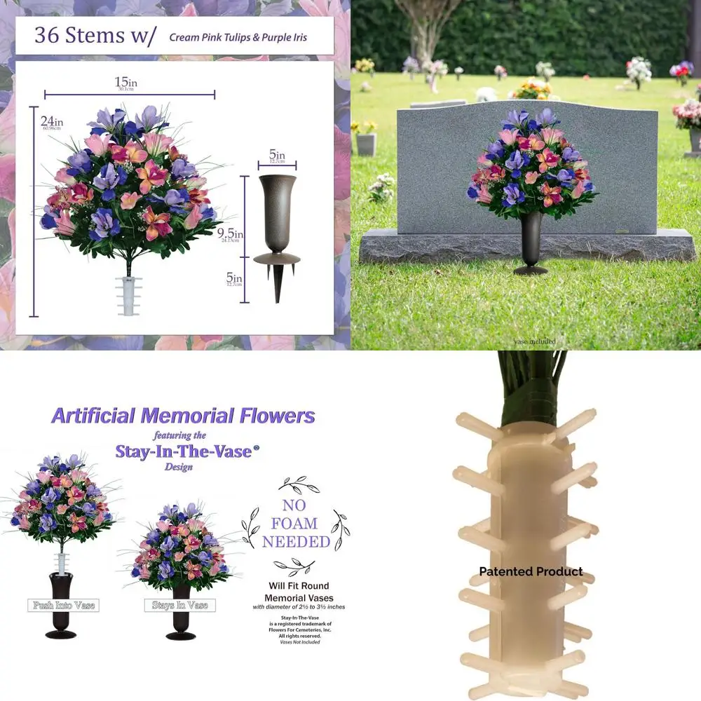 

Уличные украшения для кладбища: букет из кремово-розовых тюльпанов и фиолетовых ирисов в вазе