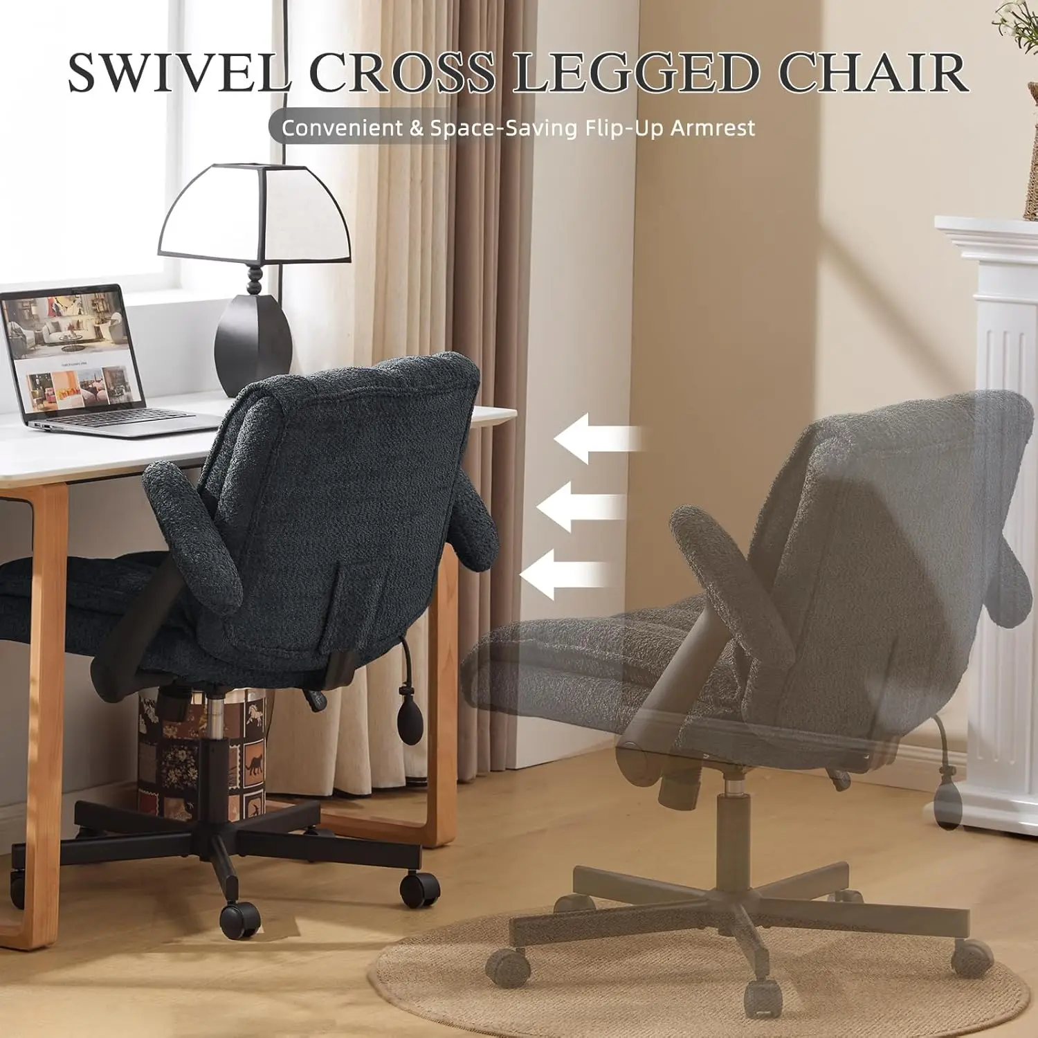 Criss Cross Bürostuhl mit hochklappbaren Armlehnen, schwarzer Schreibtischstuhl mit Lordosenstütze und Rollen für Heimbüro, Wohnung, Waschtisch