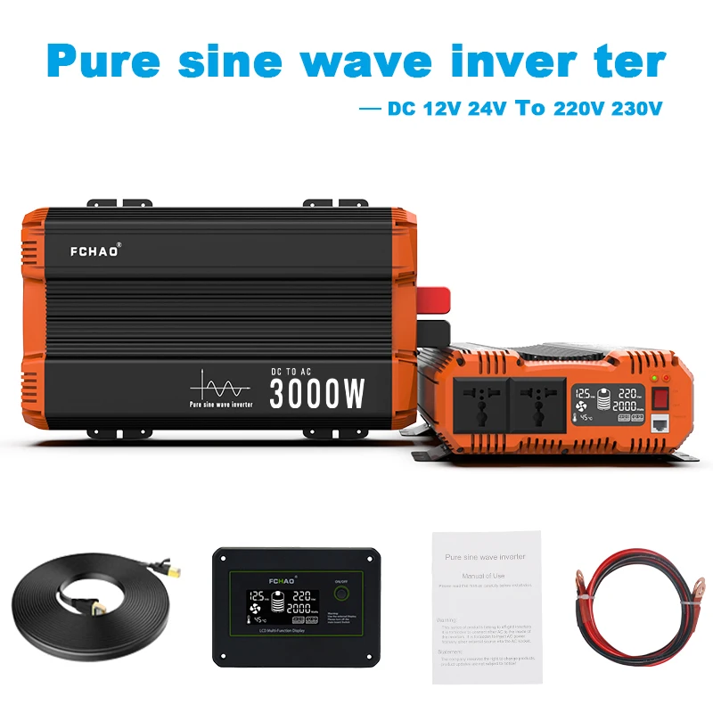 FCHAO Inverter 3000W Pure Sine Wave 50hz 60hz with LCD Display 24v 12v to 220v 230v Solar Panel Mobile RV Vehicle Transformer