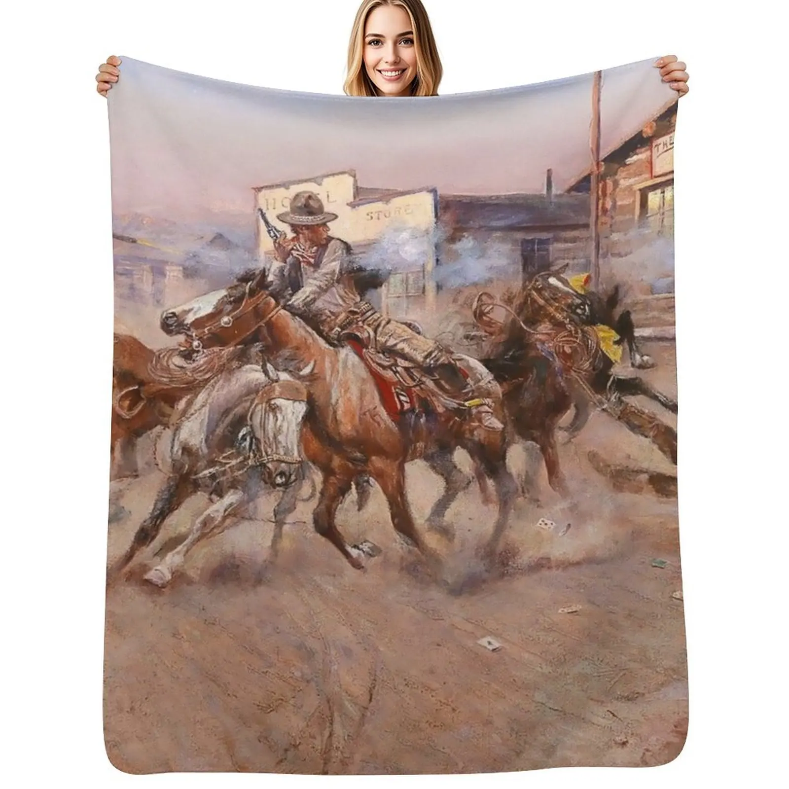 “Smoke of a ‘45” by Charles M Russell Throw Blanket Thin Soft Blanket for Summer Night Sleeping