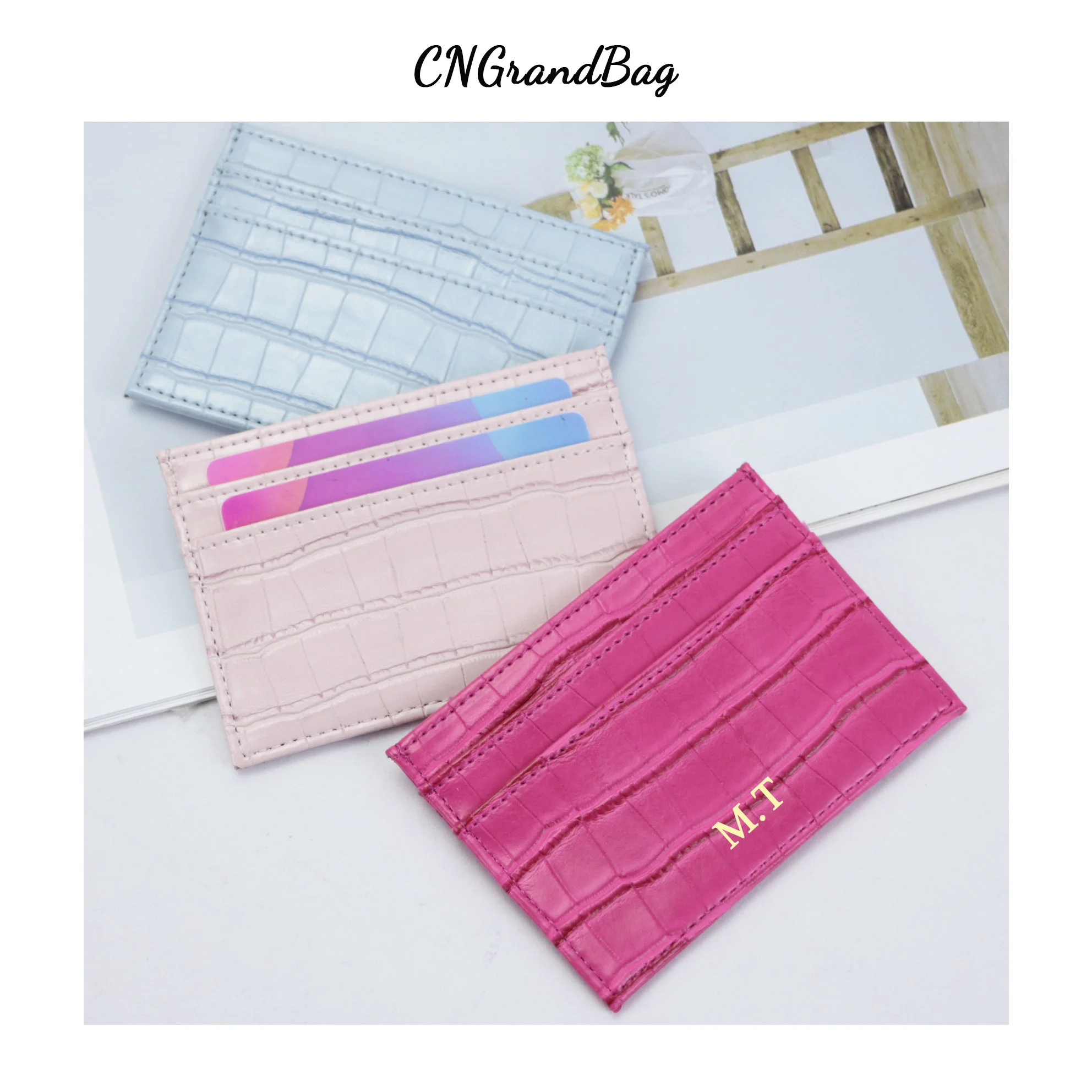 Free Custom Initial Letters Slim RFID Blocking Wallet Crocodile Pattern PU Leather Credit Card Holder ID Card Case Gift