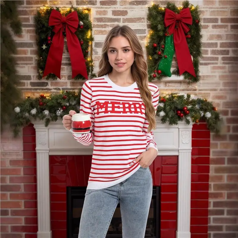 

Autumn Winter Women's Knitted Sweater Letter Stripe Color Blo Overhead Long Sve Commute Sle Faionable Cisas Gift