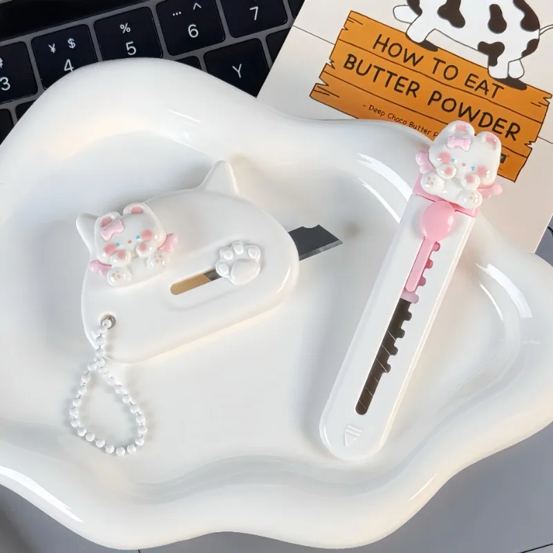 Mini Kawaii Cartoon Kitten Letter Opener White Pink Color Creative Design Cat Box Cutter Portable Utility Knife Student Supplies