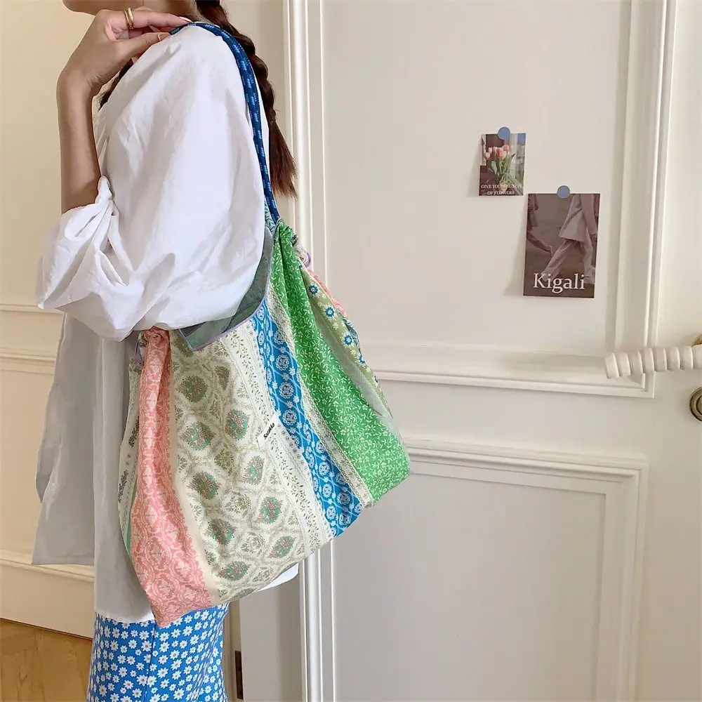 Floral Printed Canvas Shoulder Bag Portable Reusable Large Capacity Drawstring Shopping Bag Handheld Cotton Travel Tote Bag