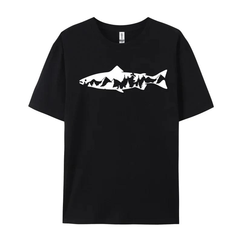 Nature Adventure Contour T-Shirt Fish And Mountain Short Sleeve Tops Tees Man T Shirts Printed On Tee Shirt 2024 Hot Sale