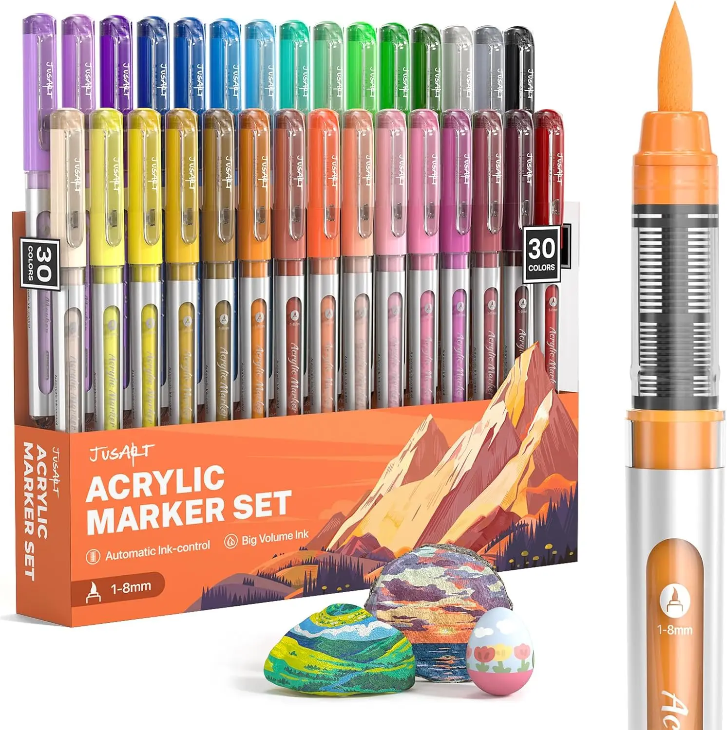 

30 Colors Acrylic Paint Markers, Brush Tip, Water-Based, No-Bleed, Waterproof for DIY Art on Fabric, Wood, Rock, Ceramic, Metal