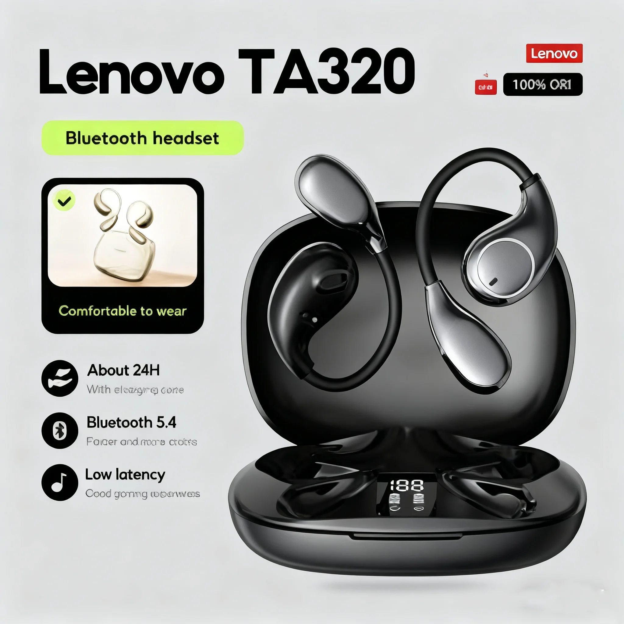 

Беспроводные наушники-вкладыши Lenovo TA320 TWS с крючком | Bluetooth 5.4, сенсорное управление, длительный срок службы батареи, встроенный микрофон для вызова