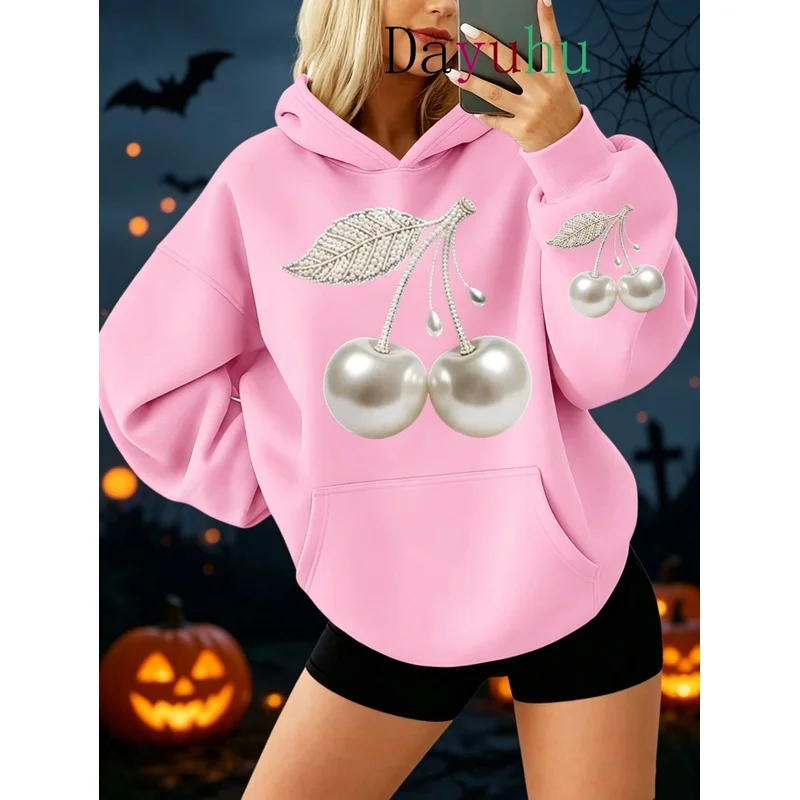 Aesthetic 2026 Vintage Retro Y2K Oversized Hoodie Halloween Pearl Cherry Print Autumn Winter Street Wear Preppy Sweatshirt