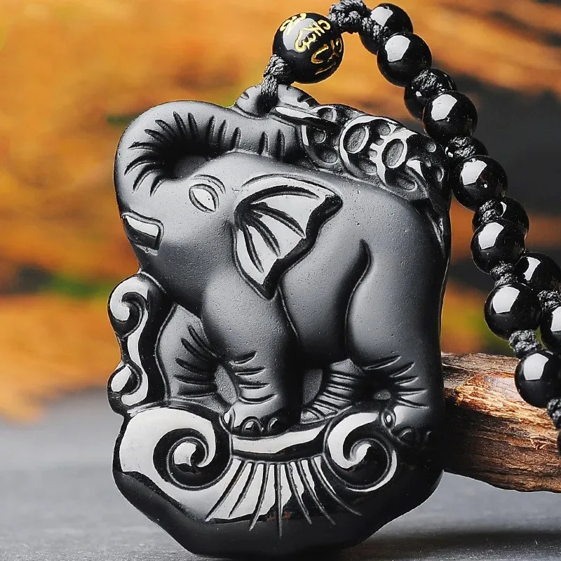 

Natural Obsidian Elephant Pendant Fashion Boutique Jewelry Men's and Women's Hand Carved Auspicious Ruyi Necklace Accessories