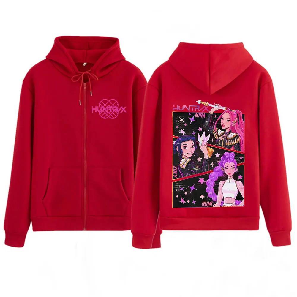 KPOP Demon Hunters Double-sided Graphic Zip Up Hoodies Men Women Harajuku Sweatshirt Long-sleeved Aesthetic Casual Zipper Jacket