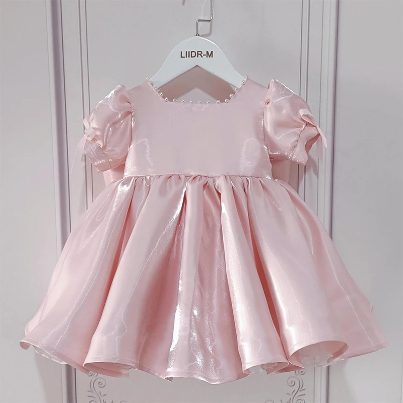 

2023 Summer New Cute Girls Pink Princess Dress For 1-14 Year Flower Kid Bow Dress Birthday Party Elegant Piano Performance Gown