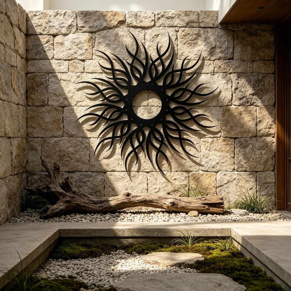 Spiky sun metal wall art, boho goth sun iron decor, swirling sun silhouette wall sculpture, outdoor garden sun wall hanging