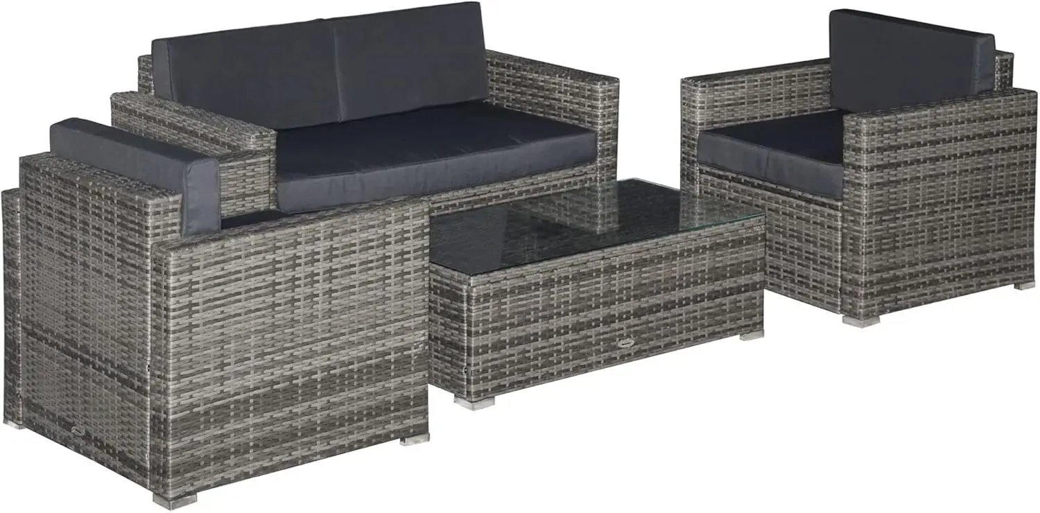 4 Piece Wicker Patio Furniture Covers with Cushions, Outdoor Section Furniture with 2 Sofas, Sofas, and Glass Top Coffee Tables