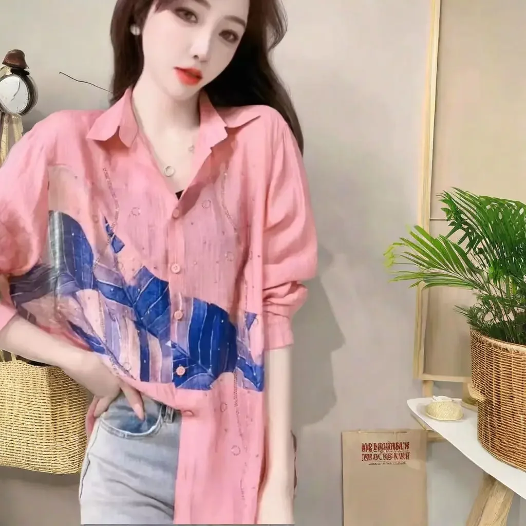 

Fashionable Spliced Diamond-sleeved Shirt Women Spring and Summer New Pink Fashionable Loose Long-sleeved Sunscreen Cardigan