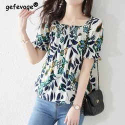 Verano moda coreana cuello cuadrado estampado Floral Puff manga corta Camisa de gasa elegante blusa Casual suelta Blusa Mujer