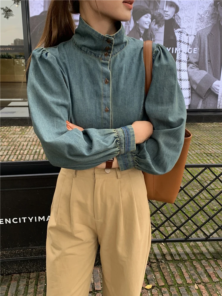 Retro Stand Collar ort Denim irt Women's Autumn New Design Sensation Anti Aging irt Jaet  Top Korean Sle Loose...