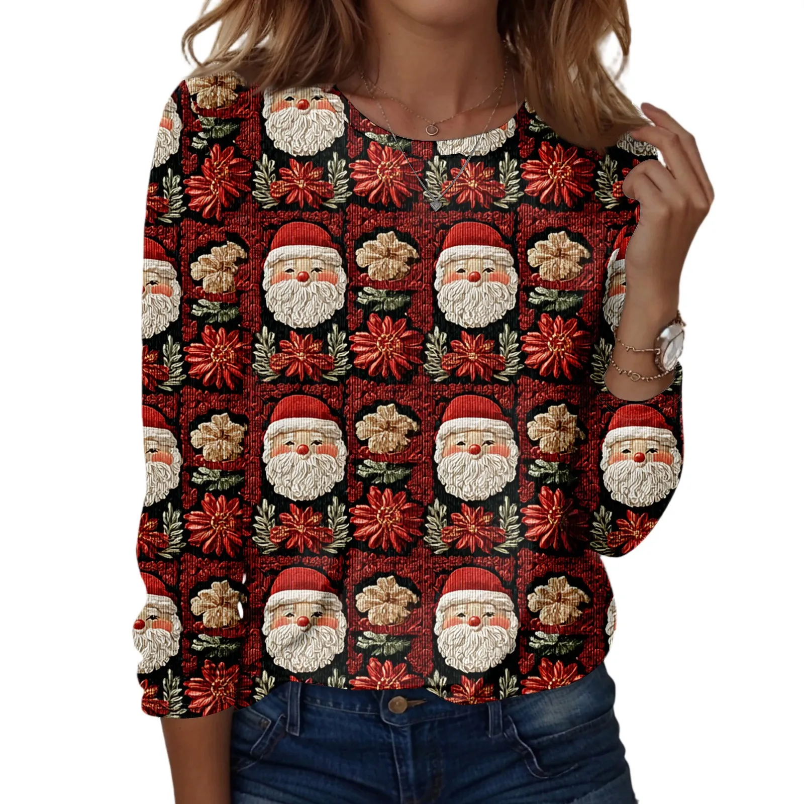 Pullover natalizio da donna alla moda, casual, a maniche lunghe, con stampa di albero di Natale, comodo girocollo