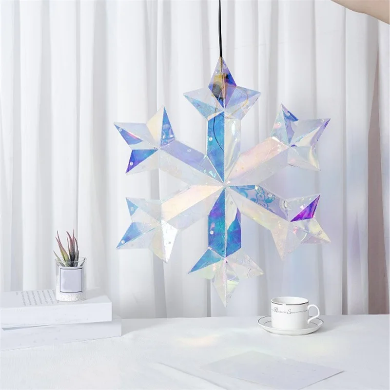 Christmas Snowflake Lights Iridescent Prismatic LED Snowflake Hanging Decoration for Window Party Wedding