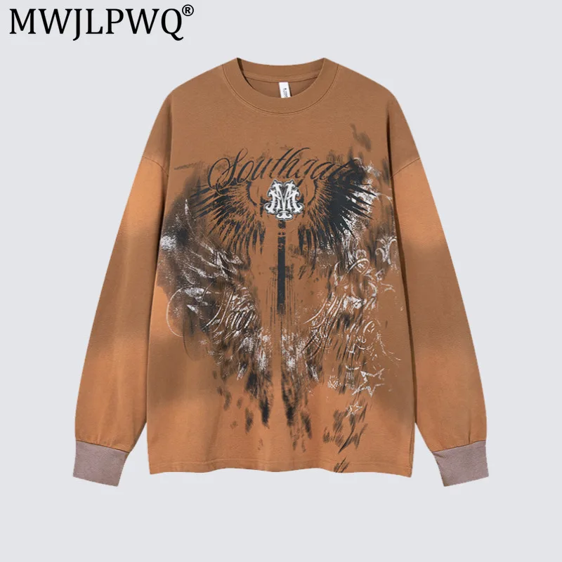 MWJLPWQ American Retro Gradient Spray-Dyed Long-Sleeve T-Shirt For Men Gothic Prints Embroidery Casual Loose Tops Street 21511