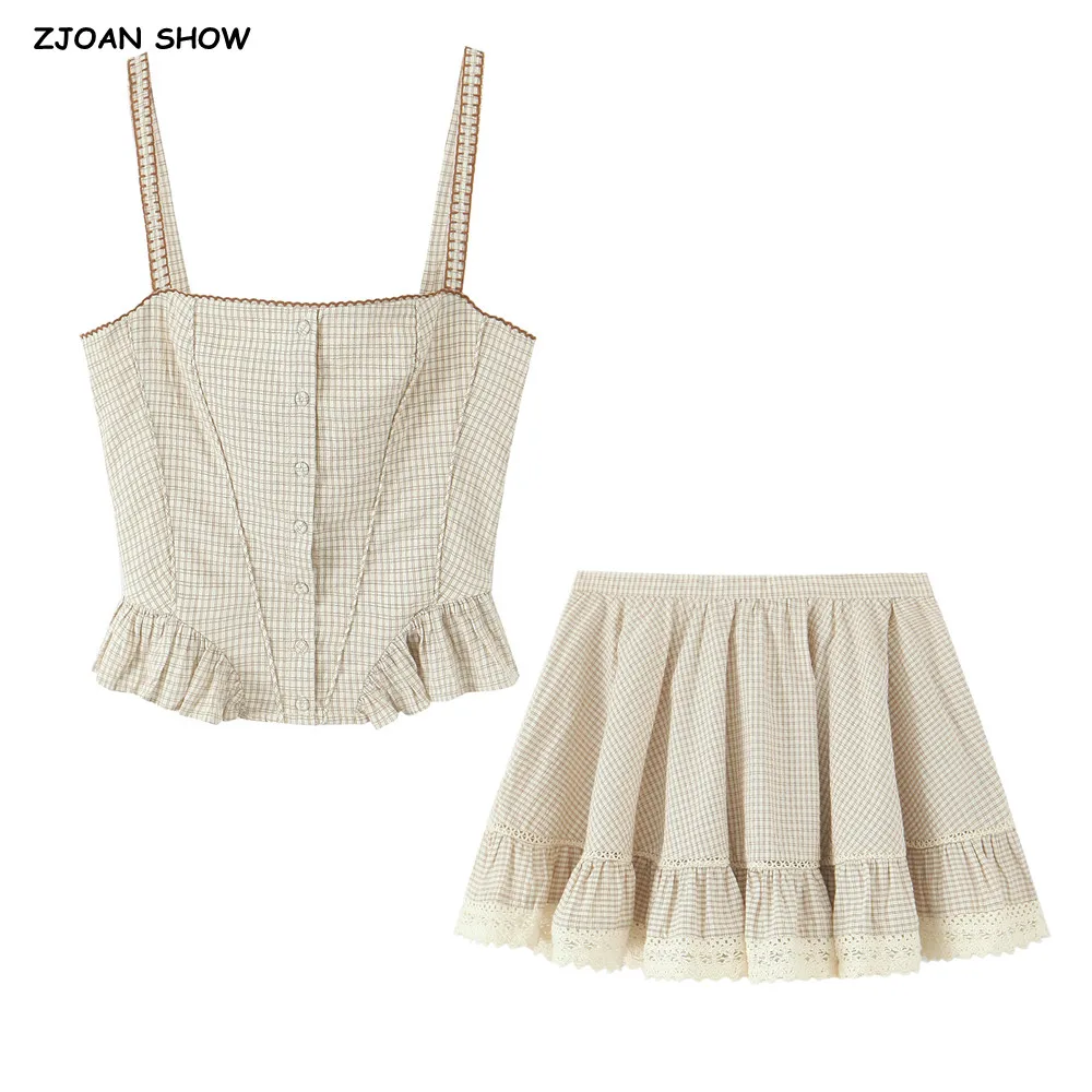 Sexy Plaid Binding Slim Wood Ears Hem Sleeveless Tank Top + Elastic Waist Ruffles Swing A-lined Short Skirt 2 Pieces Set